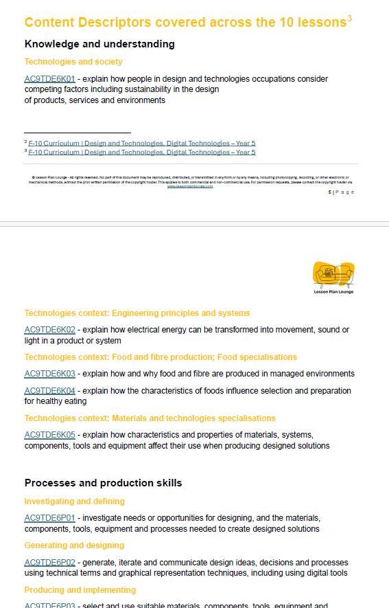 Educational document detailing content descriptors for design and technology lessons.