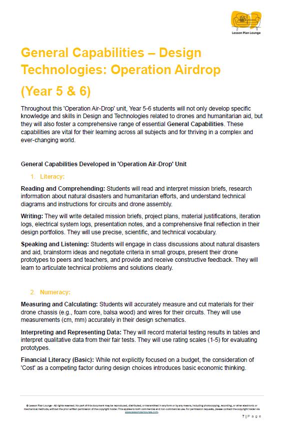 Educational document detailing General Capabilities Design Technologies for Year 5 & 6 students, with a focus on Operation Airdrop.