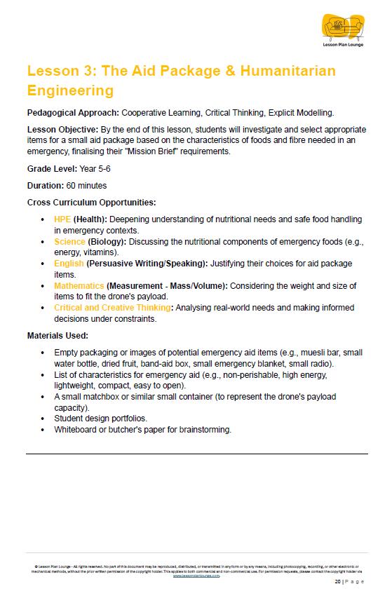 Educational lesson plan on aid package and humanitarian engineering for Year 5-6 students.