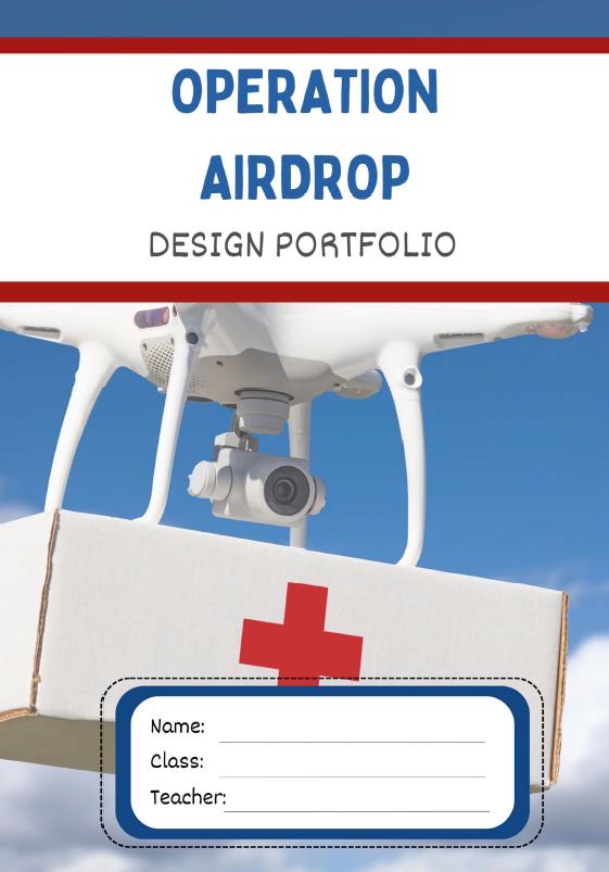 Design portfolio cover with a drone and medical bag against a blue sky.