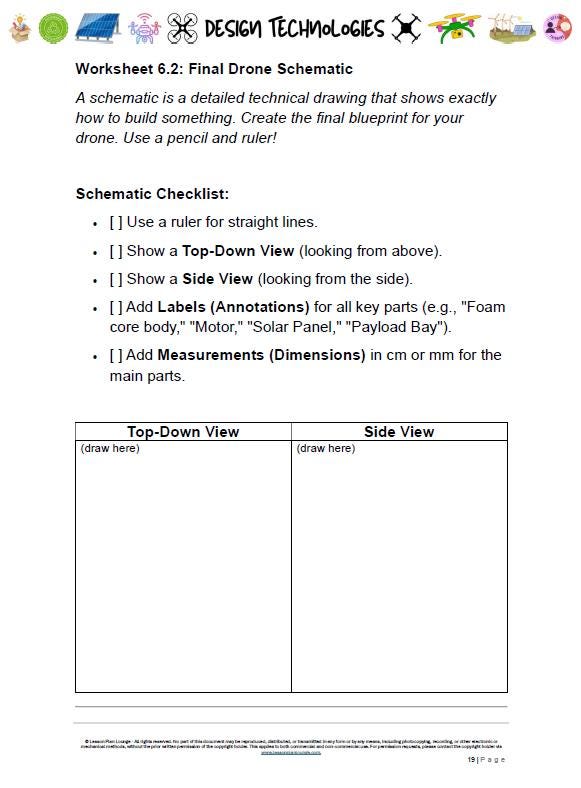 Worksheet for creating a final drone schematic with checklist and drawing areas.
