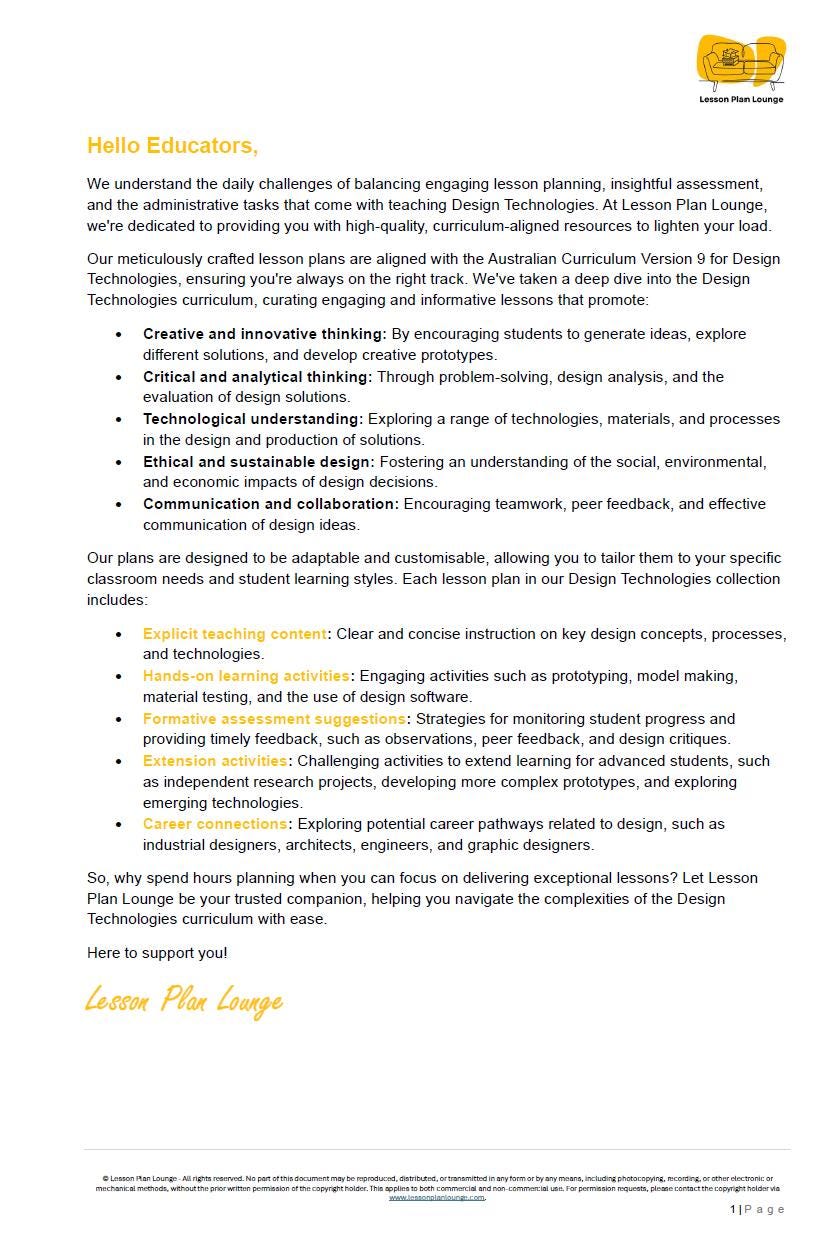 Educational flyer for Lesson Plan Lounge with text about Design Technologies curriculum-aligned resources.