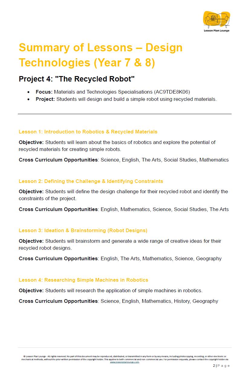 Summary of lessons for Design Technologies project on recycled robots, Year 7 & 8