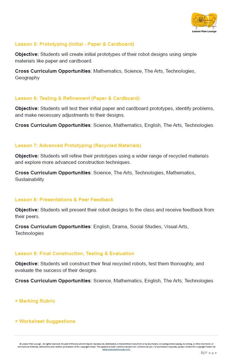 Educational lesson plan for creating robot designs using recycled materials with objectives, cross-curricular opportunities, and steps.