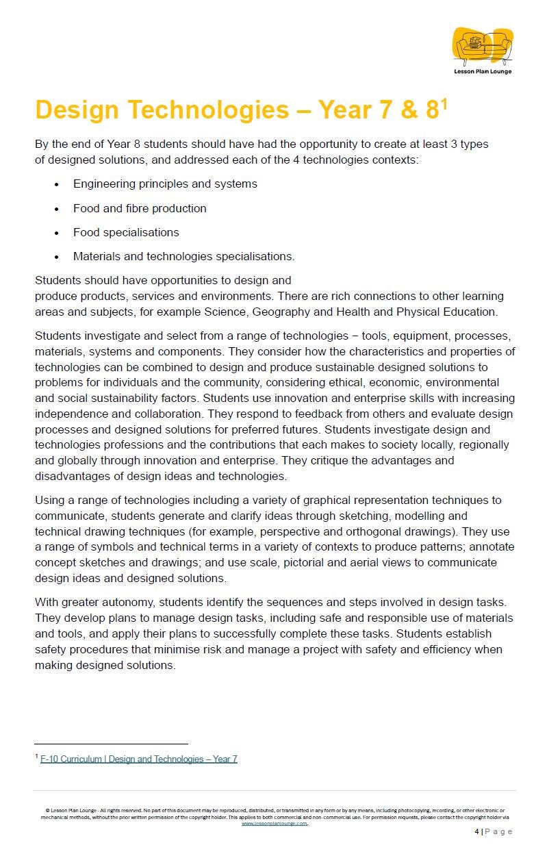 Educational document on design technologies for Year 7 & 8 students, featuring text and a logo at the top.