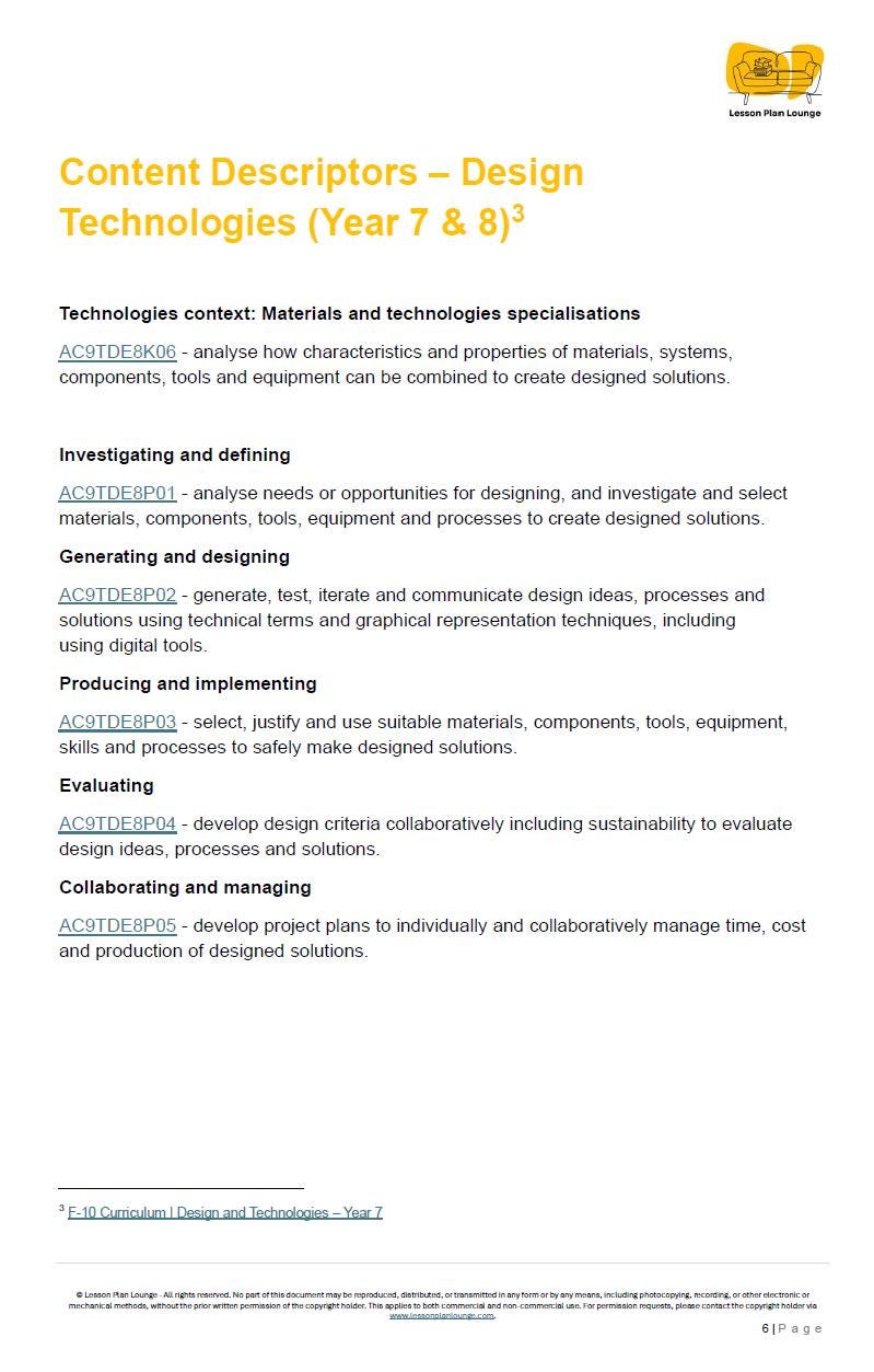 Sheet of paper with text on design technologies for Year 7 & 8 students, featuring a logo at the top right corner.