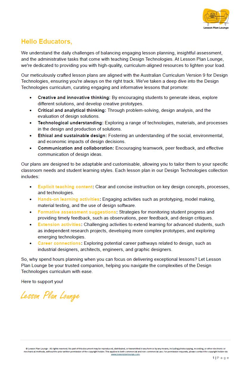 Promotional text for Lesson Plan Lounge on Design Technologies curriculum with a yellow logo at the top.