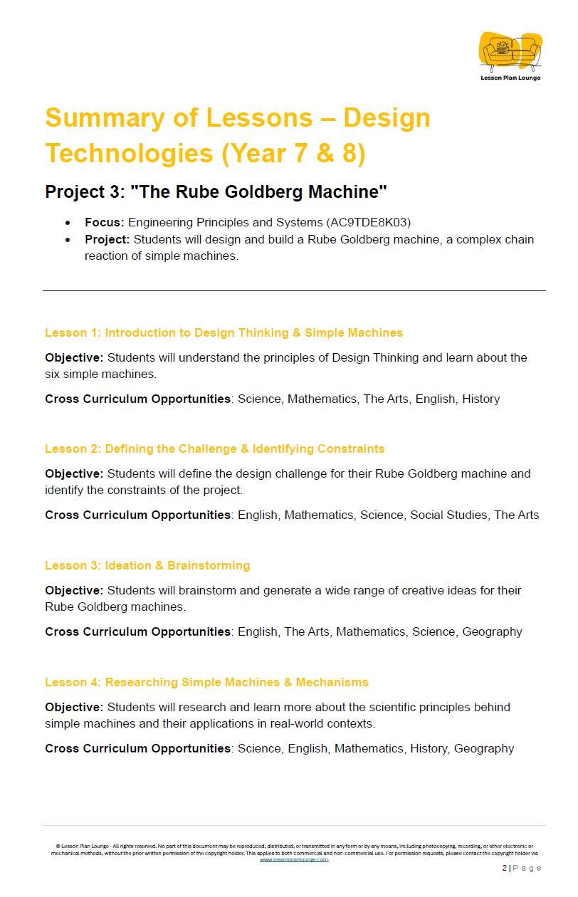Summary of lessons on Design Technologies for Year 7 & 8 students, focusing on the Rube Goldberg machine project.