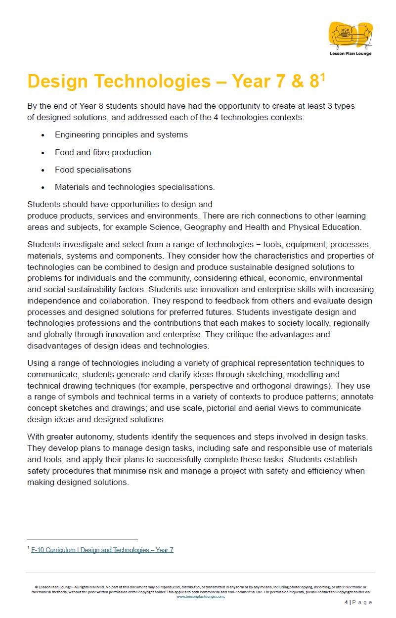 Educational document on Design Technologies for Year 7 & 8 students, outlining learning outcomes and expectations.