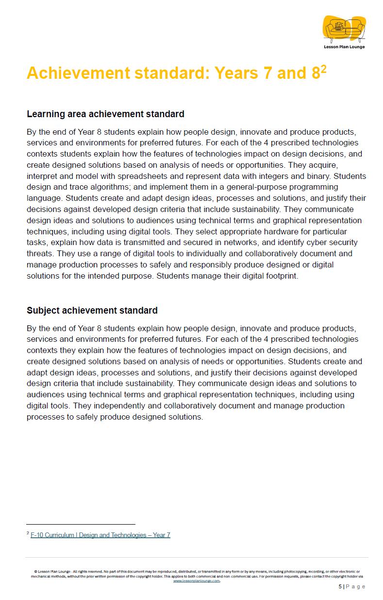 Educational document detailing achievement standards for Years 7 and 8, focusing on design, innovation, and product development.