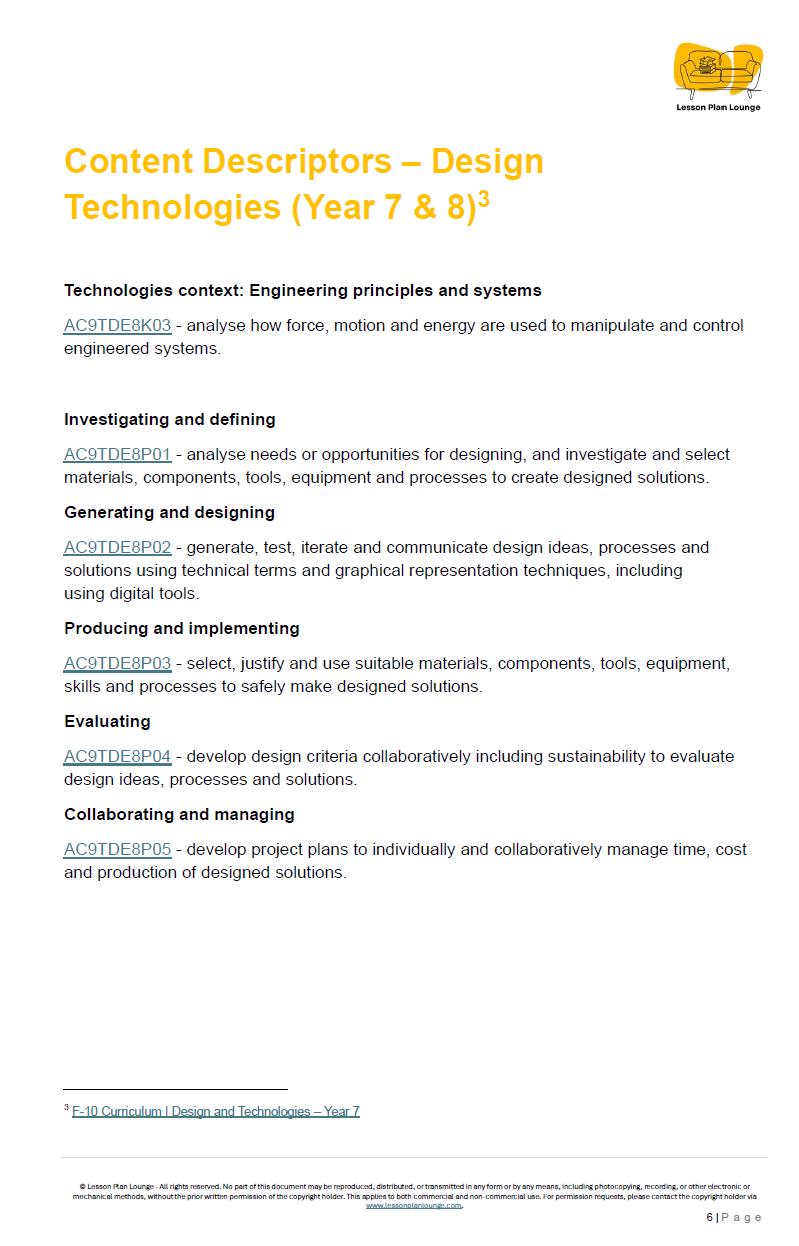 Sheet of paper with text on design technologies for Year 7 & 8, featuring a logo at the top right corner.