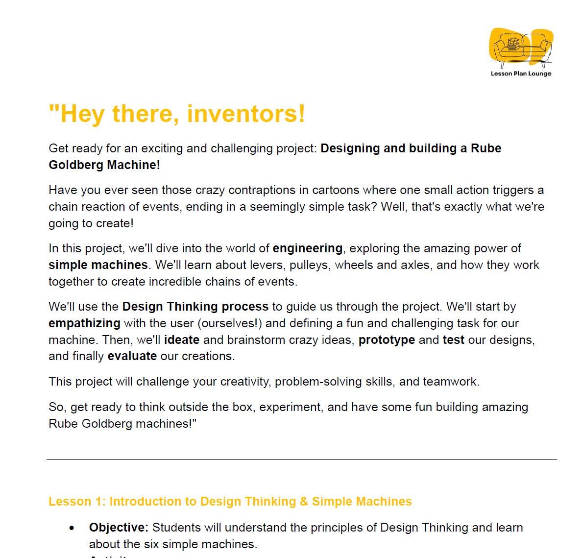 Promotional text for a Rube Goldberg Machine project with a yellow logo at the top right corner.