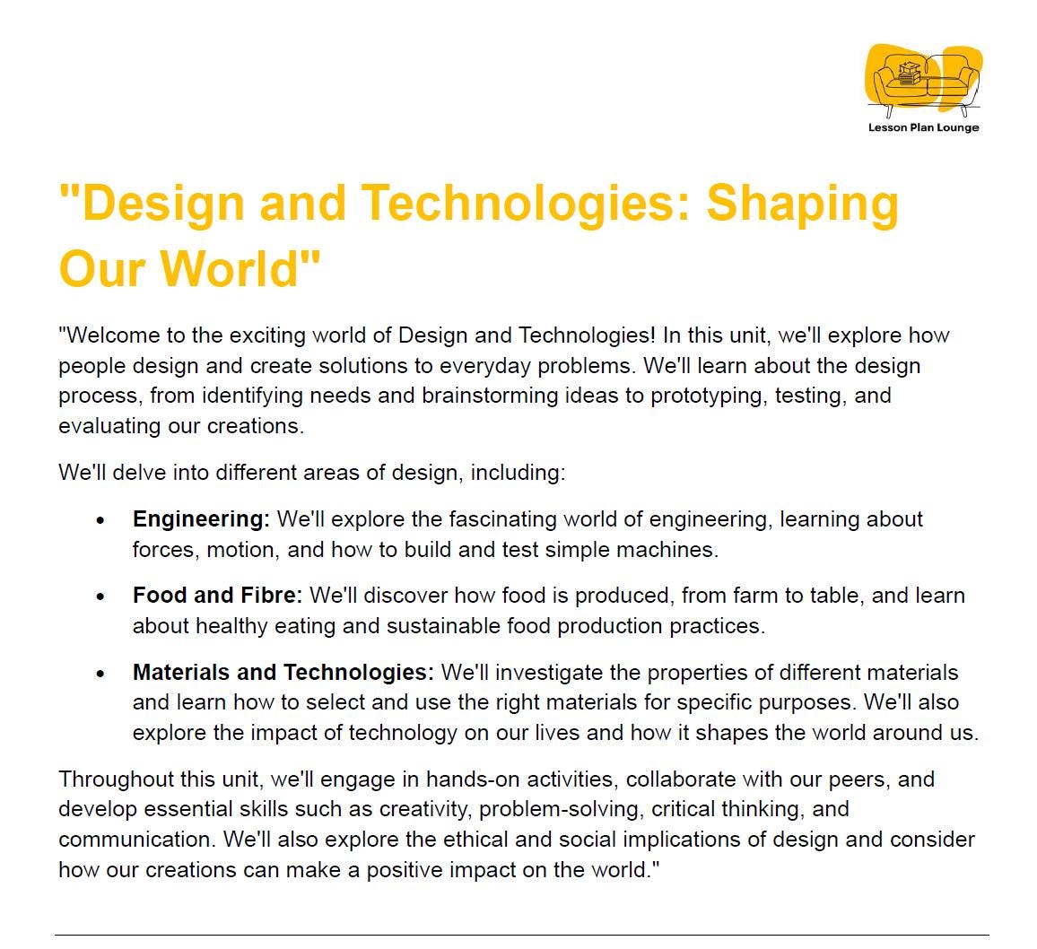 Educational slide about Design and Technologies with a yellow logo at the top right corner.