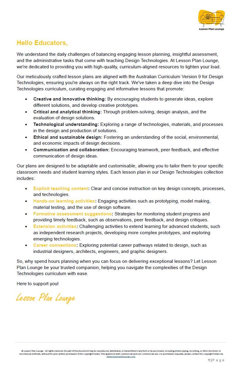 Educational document about Lesson Plan Lounge's design technologies resources for educators.