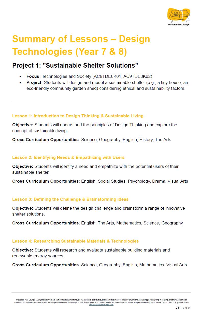 Summary of Lessons document for Design Technologies project on Sustainable Shelter Solutions, focusing on Year 7 & 8 students.