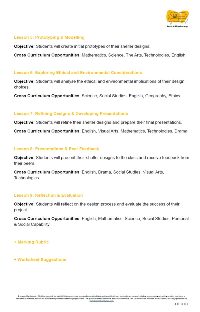 Educational lesson plan with objectives, cross-curriculum opportunities, and marking rubrics on a white background.
