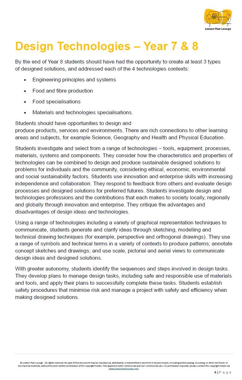 Educational document on Design Technologies for Year 7 & 8 students, detailing learning outcomes and expectations.