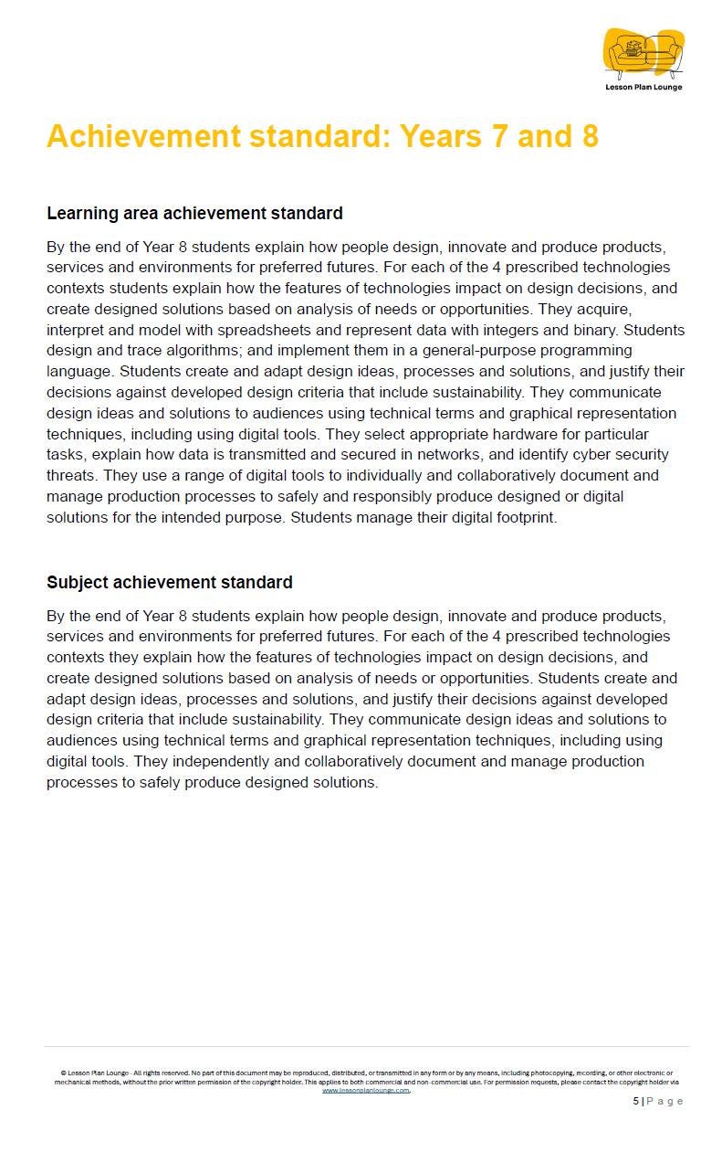 Educational document detailing achievement standards for Years 7 and 8 students, focusing on design, innovation, and production of products.