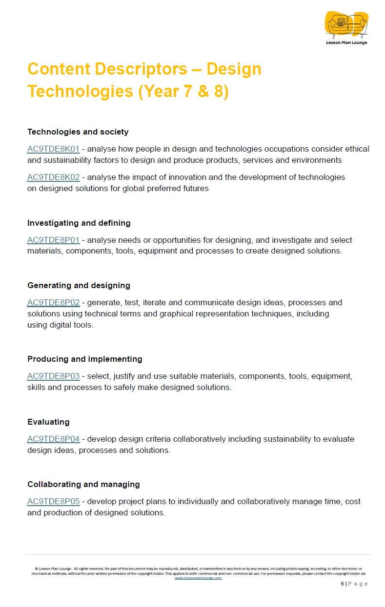 Sheet of content descriptors for design technologies in Year 7 & 8 with a logo at the top right corner.