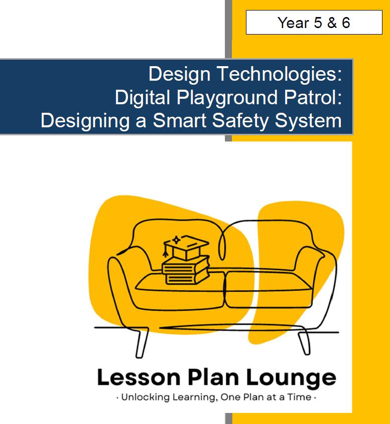 Cover of a lesson plan for Design Technologies with a yellow couch and books on a white background.