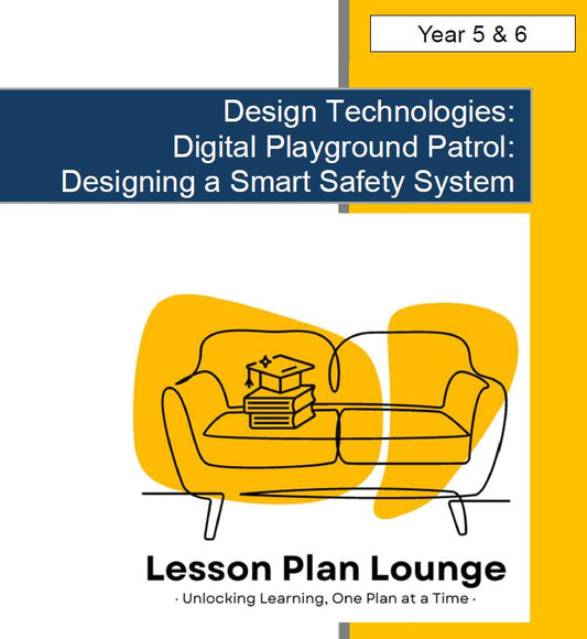 Cover of a lesson plan for Design Technologies with a yellow couch and books on a white background.