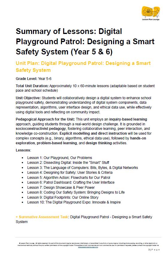 Summary of lessons for a digital playground patrol project on designing a smart safety system, with a logo at the top right corner.