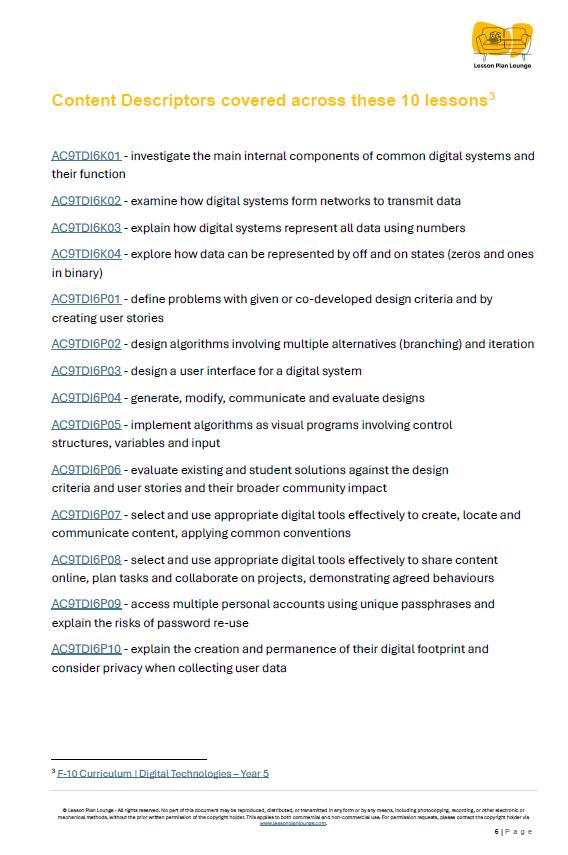 Sheet of paper with text on digital technology content descriptors for lessons