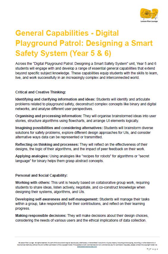 Educational document on digital playground patrol and smart safety system design for Year 5 & 6 students.