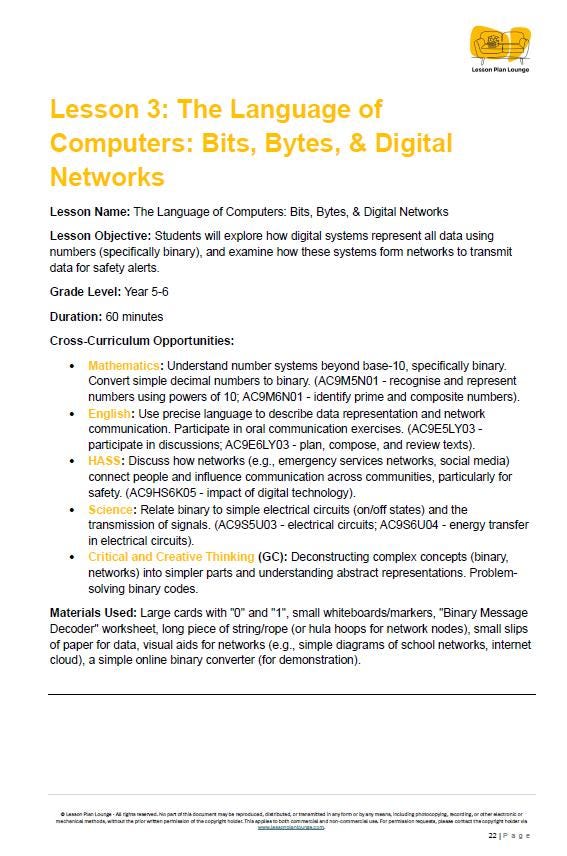 Educational lesson plan on the language of computers, bits, bytes, and digital networks.