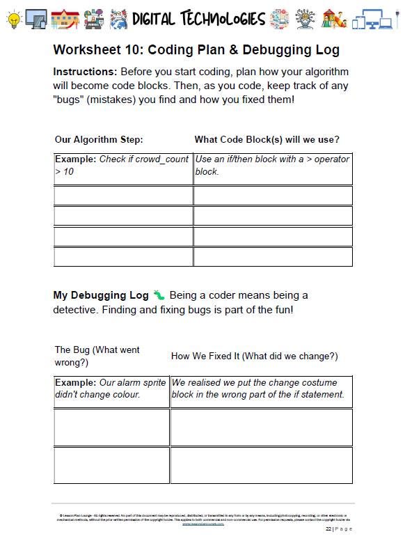 Coding plan and debugging log worksheet for educational purposes