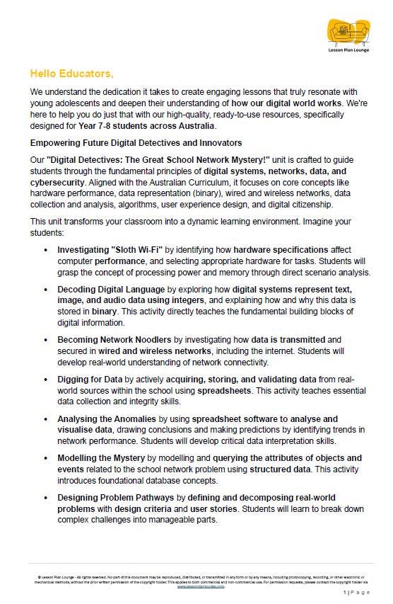 Educational document about digital detectives unit for Year 7-8 students