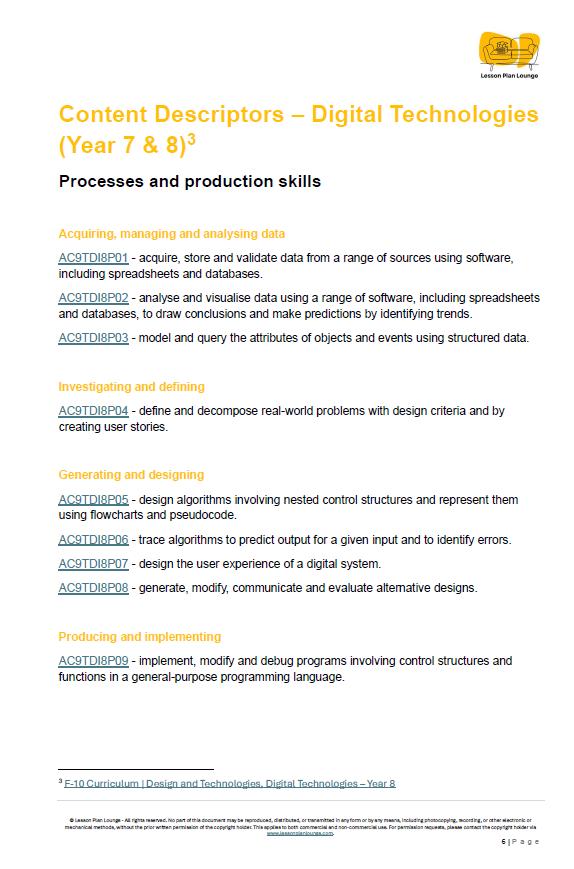 Document on digital technologies for Year 7 & 8 with content descriptors.