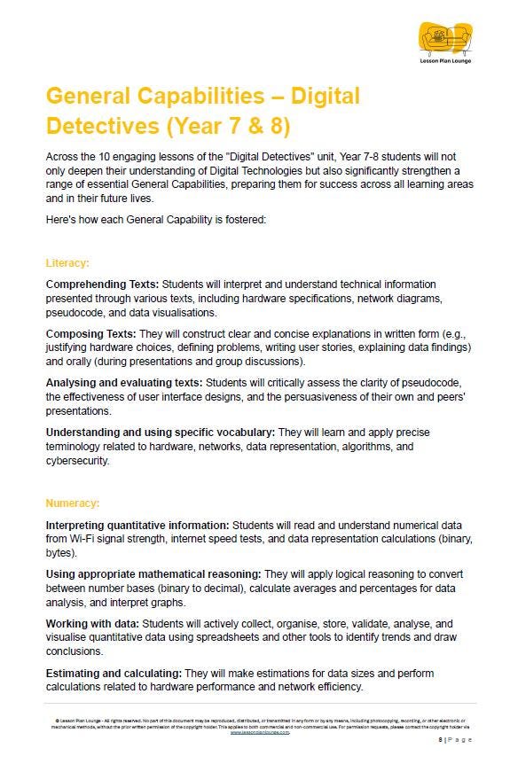 Educational document about General Capabilities for Year 7 & 8 students titled 'Digital Detectives'.