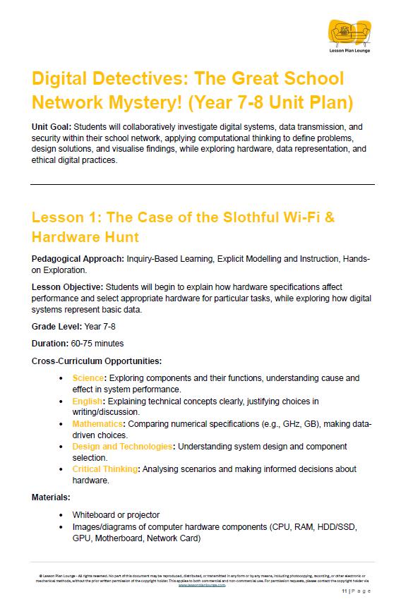 Educational unit plan for digital systems and network security in schools, featuring text and a logo.