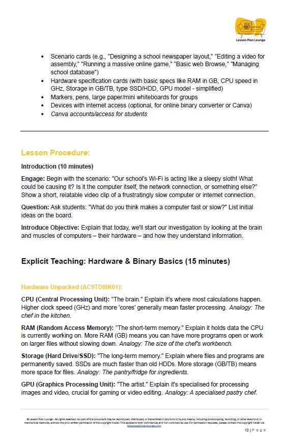 Educational document on computer hardware and binary basics with lesson procedure details.