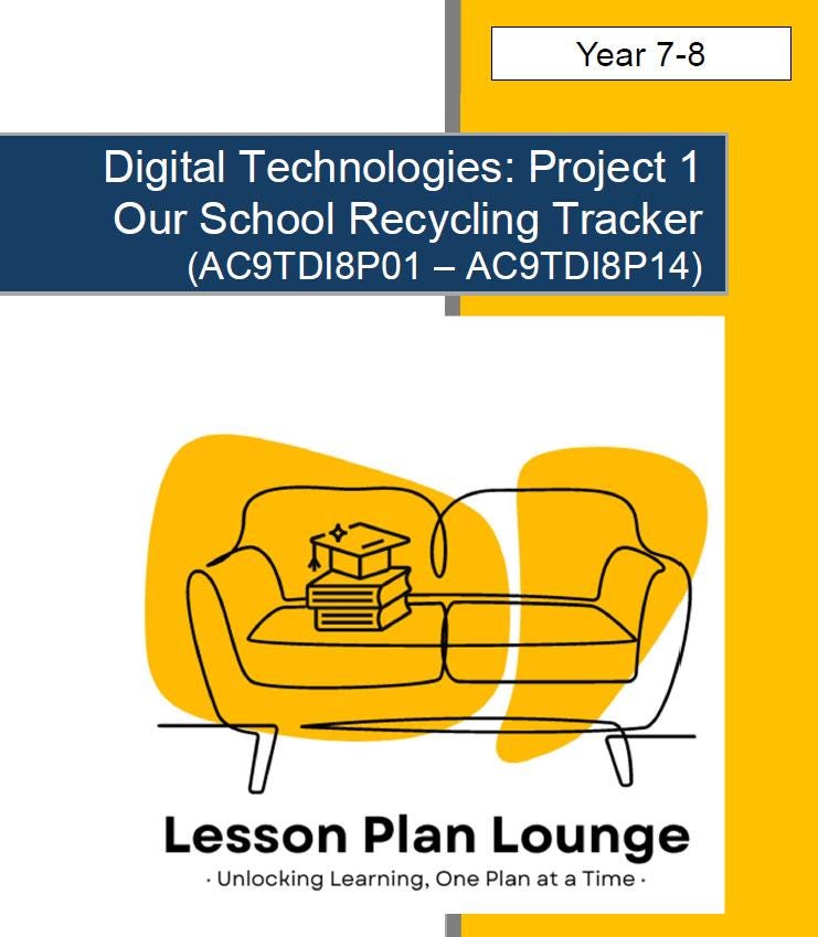Cover of a digital technologies project book titled 'Our School Recycling Tracker' by Lesson Plan Lounge.