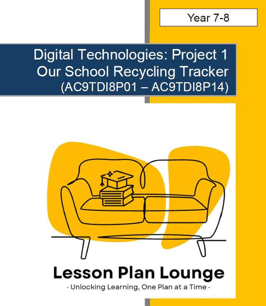 Cover of a digital technologies project book titled 'Our School Recycling Tracker' by Lesson Plan Lounge.