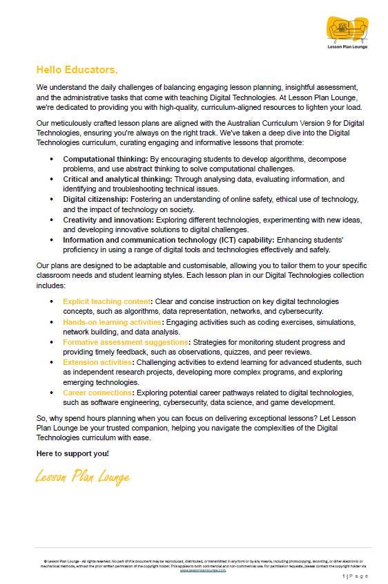 Promotional text for Lesson Plan Lounge's digital technologies curriculum resources with a logo at the top.