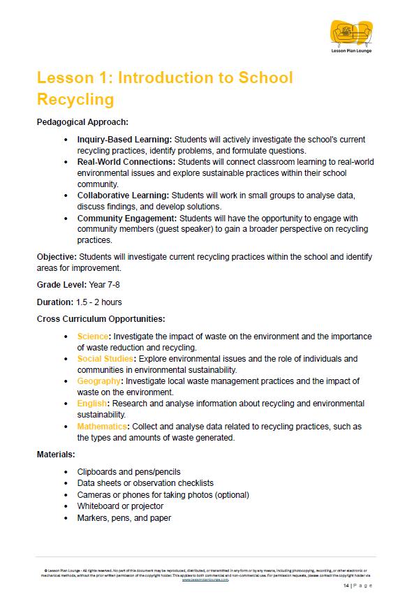 Lesson Plan Lounge - Digital Technologies - School recycling Tracker - Year 7 to 8