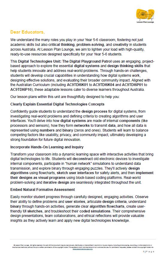 Educational document on digital technologies for Year 5-6 students with a visible logo at the top.