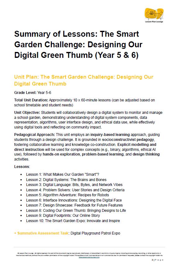 Summary of lessons from 'The Smart Garden Challenge' educational unit plan for Year 5 & 6 students.