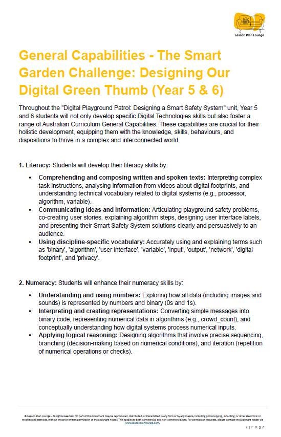 Educational document about digital skills development for Year 5 and 6 students titled 'The Smart Garden Challenge'.