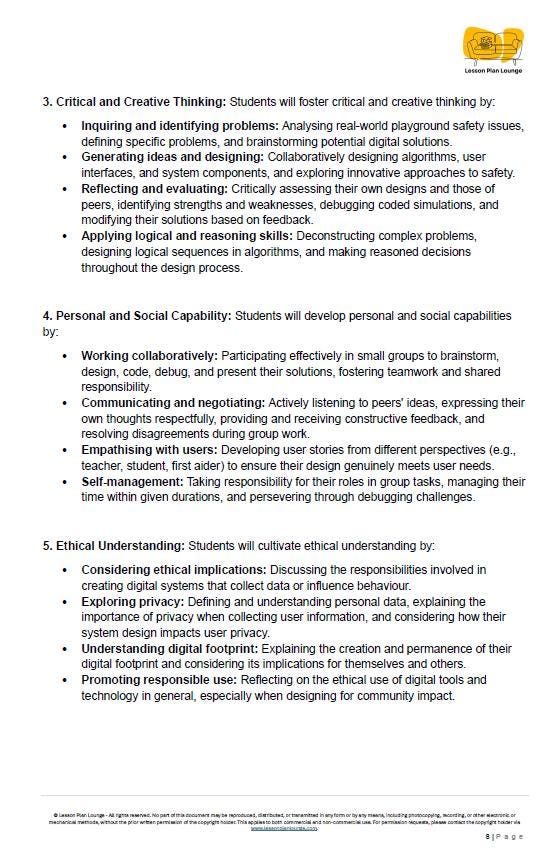 Educational document detailing critical thinking, personal/social capabilities, and ethical understanding for students.