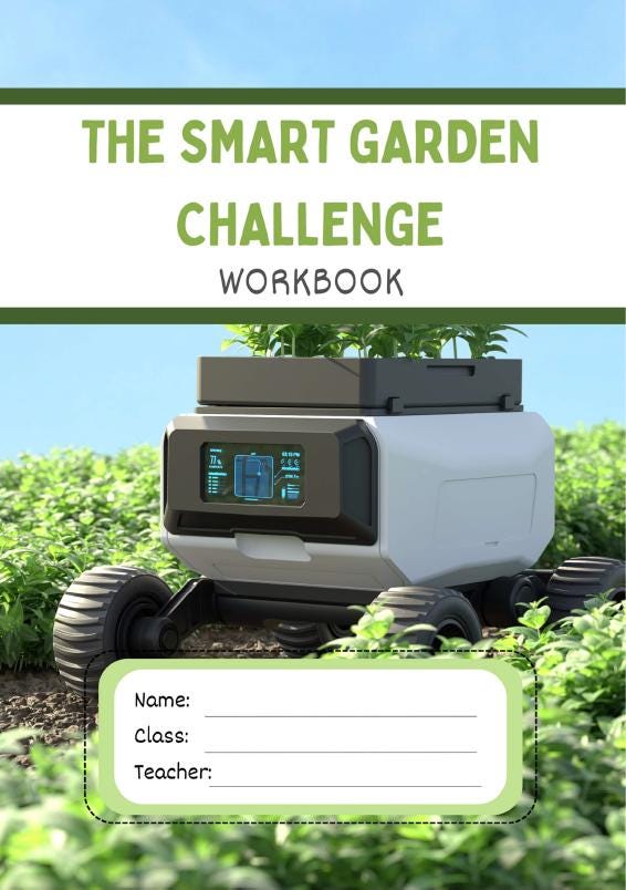 Cover of 'The Smart Garden Challenge Workbook' with a robot in a garden setting.