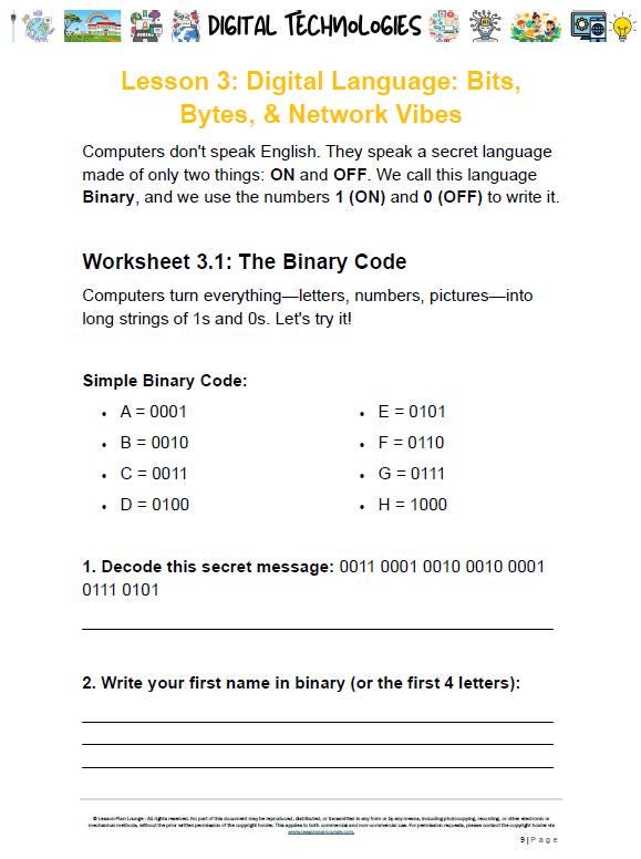Educational worksheet on binary code with digital technologies branding.