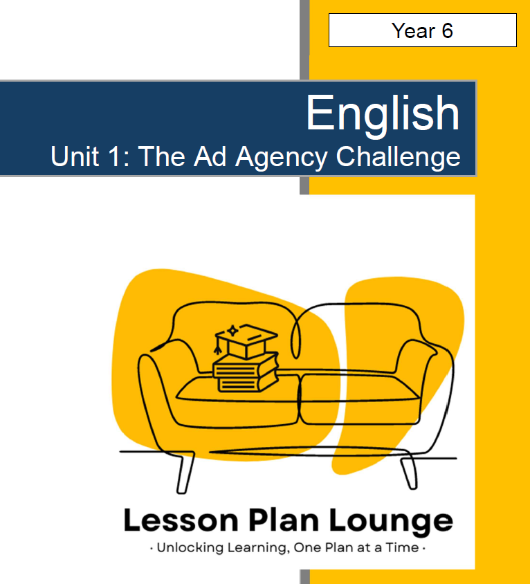 Cover of a lesson plan book titled 'English Unit 1: The Ad Agency Challenge' from Lesson Plan Lounge with a yellow couch and books illustration.