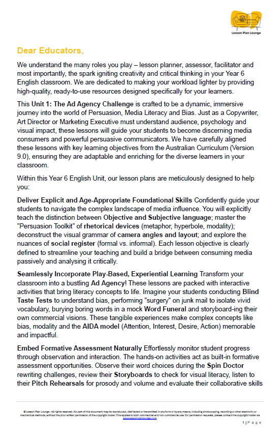 Educational document about the Ad Agency Challenge unit for Year 6 English, with a focus on persuasive communication.