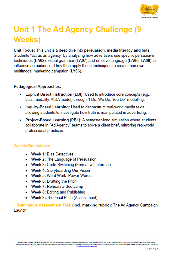 Educational unit plan titled 'The Ad Agency Challenge' with text and logos on a white background