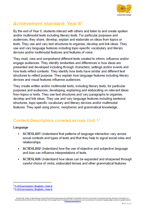 Educational document detailing achievement standards for Year 6 students in language and literacy.