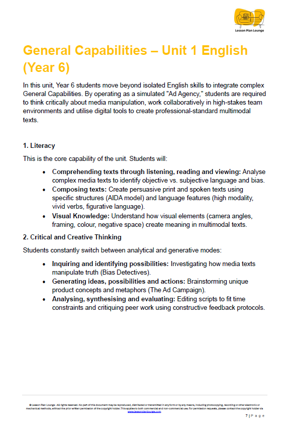 Educational document on General Capabilities - Unit 1 English for Year 6 students, focusing on literacy and critical thinking.